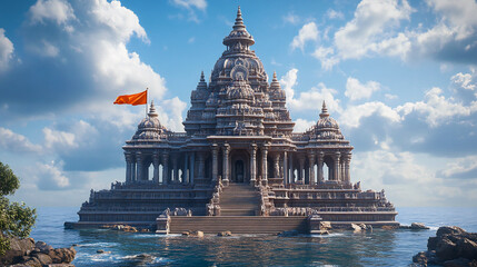 Wall Mural - Hindu temple with carved walls a high spire and flag on the coast of blue sea