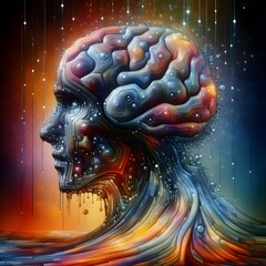 Wall Mural - an abstract representation of consciousness, with neural patterns radiating outward in a series of i