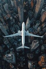 Wall Mural - Aerial view of an airplane flying over the city, with skyscrapers and buildings below. 