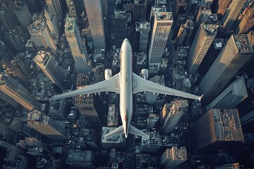 Wall Mural - Aerial view of an airplane flying over the city, with skyscrapers and buildings below. 