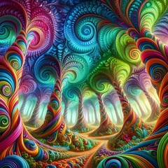 Wall Mural - a psychedelic forest, where the trees bend and swirl into fractal patterns, their leaves morphing in