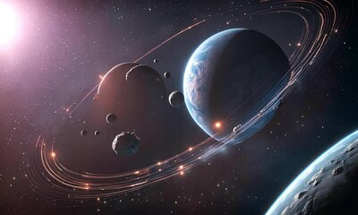 Wall Mural - Cosmic cloud with planets and nebula.