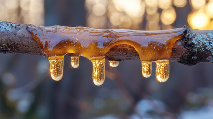 Amber tree sap dripping from a branch
