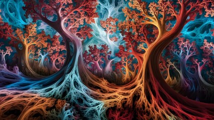 Wall Mural - a psychedelic forest, where the trees bend and swirl into fractal patterns, their leaves morphing in