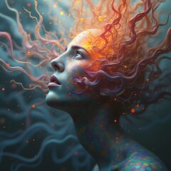 Wall Mural - an abstract representation of consciousness, with neural patterns radiating outward in a series of i