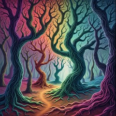 Wall Mural - a psychedelic forest, where the trees bend and swirl into fractal patterns, their leaves morphing in