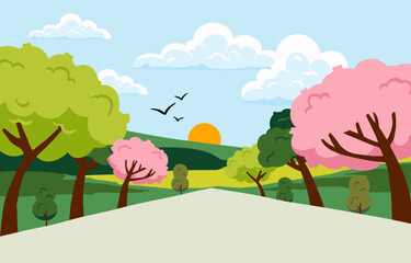 Wall Mural - spring landscape background with mountain and tree for horizontal design