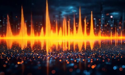 Wall Mural - Vibrant soundwave visualization over a reflective surface with a futuristic cityscape backdrop