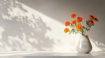 Poster - Bright Orange Flowers in a Simple White Vase Casting Elegant Shadows on a Soft Neutral Background in Natural Light, Perfect for Home Decor and Art Photography