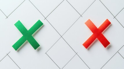 Poster - Colorful green and red crosses arranged on a white tile surface symbolizing choices, decisions, and indicators in a creative and minimalistic design for visual communication.