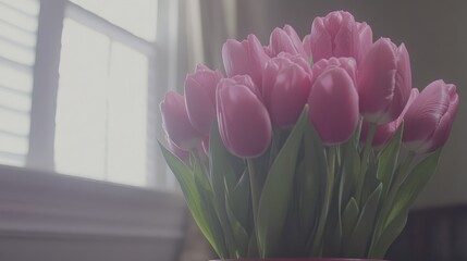 Wall Mural - Pink Tulips Bouquet Near Bright Window Light