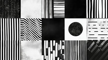 Poster - Modern abstract black-and-white graphic elements arranged in a grid. Various line weights and textures create a striking composition.