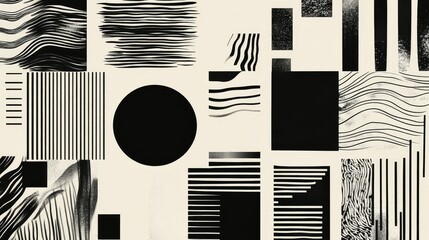Poster - Modern abstract black-and-white graphic elements arranged in a grid. Various line weights and textures create a striking composition.