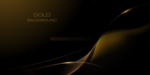 Poster - Abstract shiny gold luxury background. Vector illustration element with gold wave line, sparkle, texture on dark, black color background. Graphic design for event, cover business, banner template
