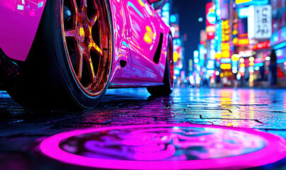 Vibrant Neon Reflection on a Wet Street Featuring a Close-Up of a Pink Car Wheel with Golden Rims Under City Lights in an Urban Environment at Night