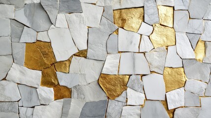 Poster - Organic stone texture with golden and white slate blocks, architectural beauty