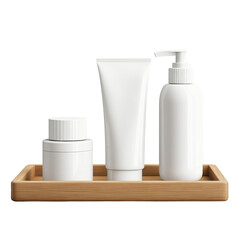 Poster - Three blank white cosmetic containers a tube, pump bottle, and jar rest on a light brown wooden tray against a black background.