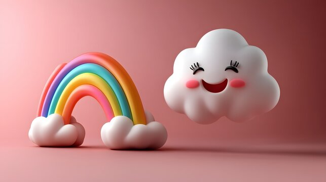 3d cartoon rainbow and clouds, very clean clear