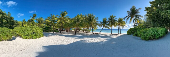 Wall Mural - A panoramic view of the pristine white sandy beaches and turquoise waters in the Maldives, showcasing lush green palm trees on an idyllic tropical island.