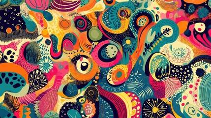 Fototapete - Retro-inspired colorful abstract design with funky, playful patterns in bright hues.