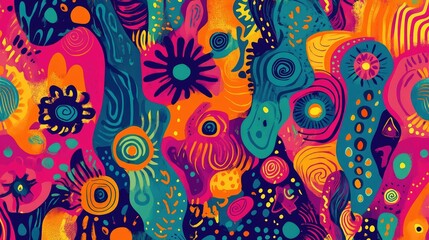Fototapete - Retro-inspired colorful abstract design with funky, playful patterns in bright hues.