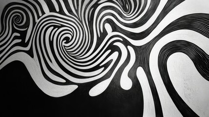 Poster - Retro-style 60s and 70s psychedelic art with bold, curving black-and-white waves.