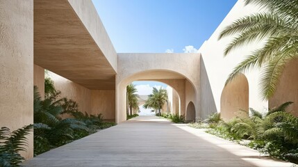 Wall Mural - serene oasis architectural walkway with palm trees.