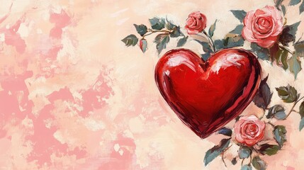 Poster - Romantic red heart and roses on a soft pink background, Valentine love theme