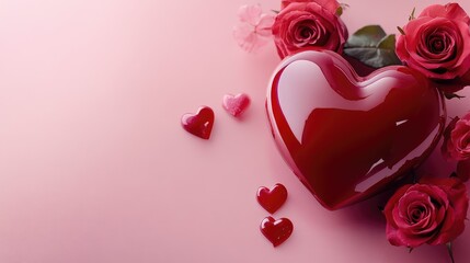 Poster - Romantic red heart and roses on a soft pink background, Valentine love theme