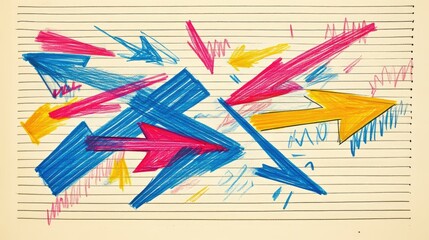 Poster - Set of brightly colored arrows with dynamic movement, drawn on classic lined paper