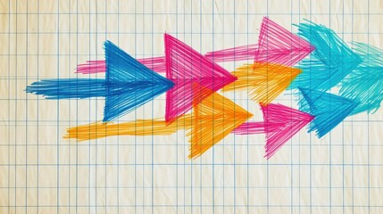 Poster - Set of brightly colored arrows with dynamic movement, drawn on classic lined paper