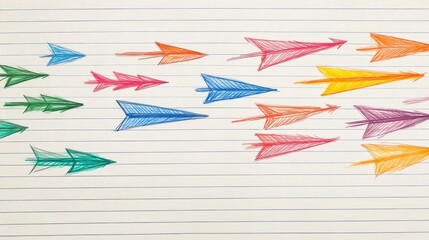 Poster - Set of brightly colored arrows with dynamic movement, drawn on classic lined paper