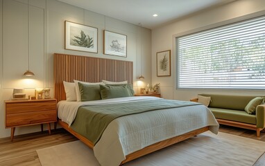 Wall Mural - Modern bedroom with wooden furniture and green accents in a relaxed setting