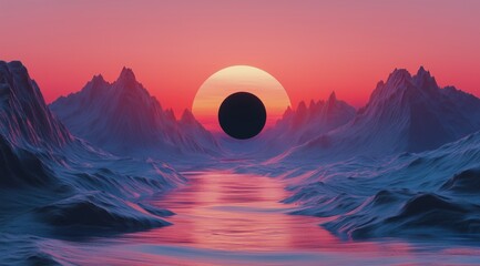 Wall Mural - Majestic sunset over mountains with dark eclipse illuminating tranquil water