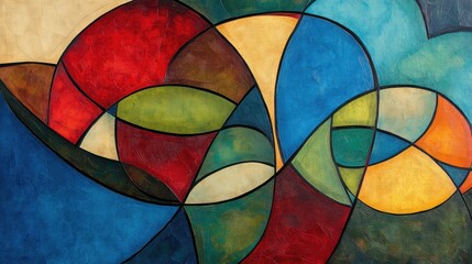 Poster - Vibrant abstract geometric and organic shapes in red, blue, green, and yellow. A playful, dynamic composition.