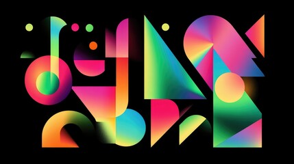 Poster - Vibrant abstract shapes in neon pink, green, blue, and orange on a deep black background.