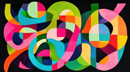 Poster - Vibrant abstract shapes in neon pink, green, blue, and orange on a deep black background.