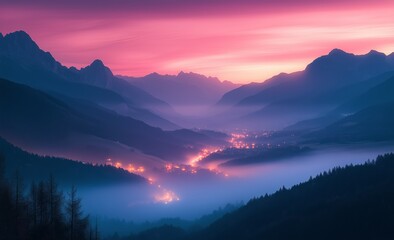 Wall Mural - Serene twilight over valley with mist and mountain silhouettes at dusk