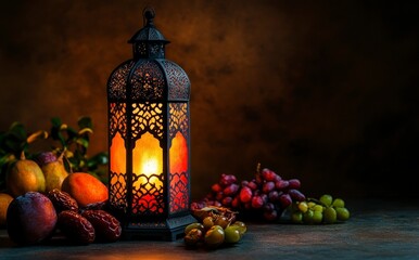 Wall Mural - Ramadan, an artistic photo of an Arabic lantern with fruits and dates in the background, dark theme, warm light from inside the lamp.