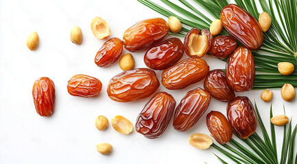 Wall Mural - Dried dates, nuts and palm leaves on a white background close up, top view, created with Generative AI technology