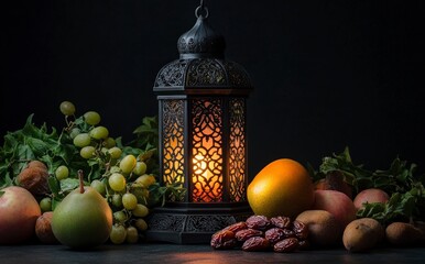 Wall Mural - Ramadan, an artistic photo of an Arabic lantern with fruits and dates in the background, dark theme, warm light from inside the lamp.