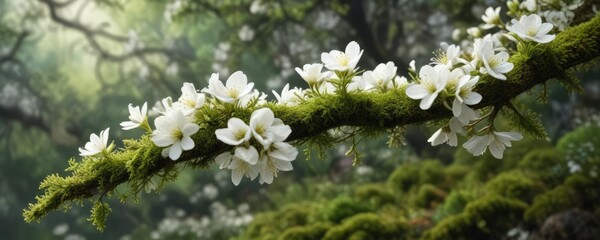 Moss-covered branch with delicate white blooms, wildflower, vegetation, foliage