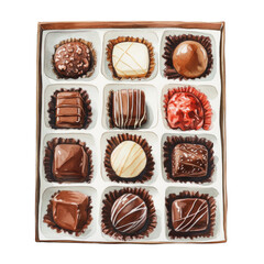 Poster - A watercolor painting depicts a box of assorted chocolate candies, each uniquely decorated and arranged in a grid pattern.