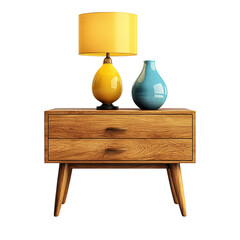 Poster - A mid-century modern style wooden nightstand with a yellow lamp and a blue vase sits on top.