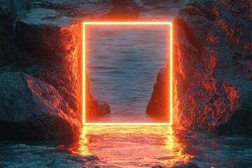 Wall Mural - Floating above smooth polished rocks surrounded by shimmering water, a rectangular frame in pastel orange neon casts a serene glow.