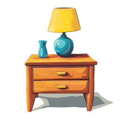 Poster - A cartoon illustration of a wooden nightstand with two drawers a yellow lamp and a blue vase on top.