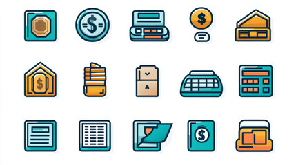 Poster - Fintech, online banking, money loan in Internet outline icon. Business investment, cryptocurrency payment or Internet finance loan linear vector symbol with calculator and money bills stack
