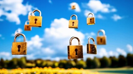 Poster - Digital Security:  A Conceptual Image of  Floating Padlocks against a Sunny Sky and Field