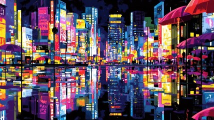 Wall Mural - Neon Cityscape Reflection: Vibrant Nightlife in a Metropolis