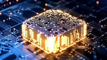 Poster - Futuristic Digital Cube:  Illuminated Microchip on Circuit Board